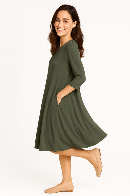 Relaxed Fit Modest 3/4 Sleeve Knee-Length Dress with Pockets by Kosher Casual USA