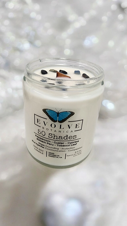 Classic 9oz Jam Jar Crystal Soy Candle - 50 Shades (Onyx &amp; Blue Kyanite)