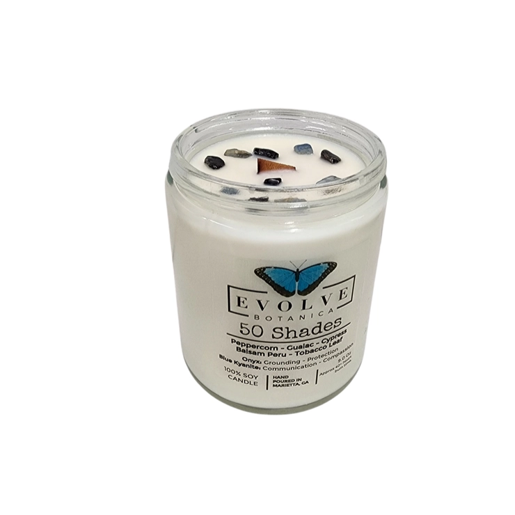 Classic 9oz Jam Jar Crystal Soy Candle - 50 Shades (Onyx &amp; Blue Kyanite)