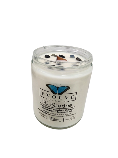 Classic 9oz Jam Jar Crystal Soy Candle - 50 Shades (Onyx &amp; Blue Kyanite)