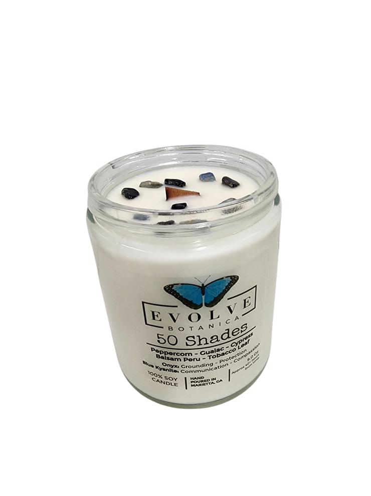 Classic 9oz Jam Jar Crystal Soy Candle - 50 Shades (Onyx &amp; Blue Kyanite)