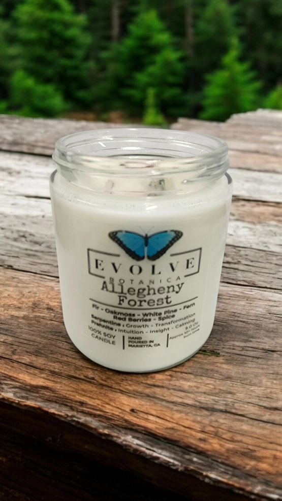 Classic 9oz Jam Jar Crystal Soy Candle - Allegheny Forest (Serpentine &amp; Prehnite)