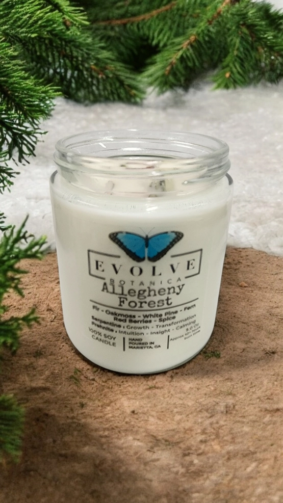 Classic 9oz Jam Jar Crystal Soy Candle - Allegheny Forest (Serpentine &amp; Prehnite)