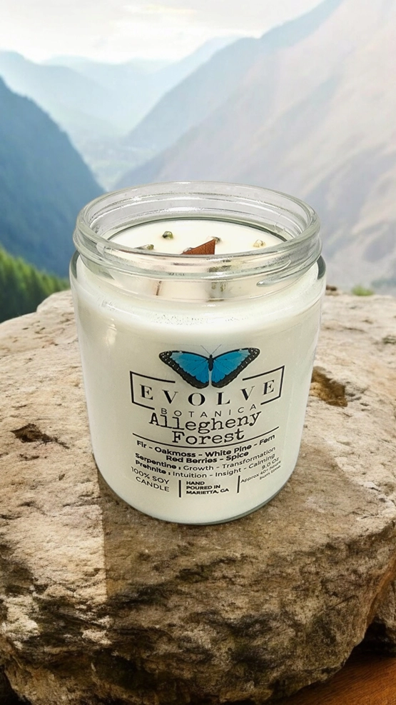 Classic 9oz Jam Jar Crystal Soy Candle - Allegheny Forest (Serpentine &amp; Prehnite)