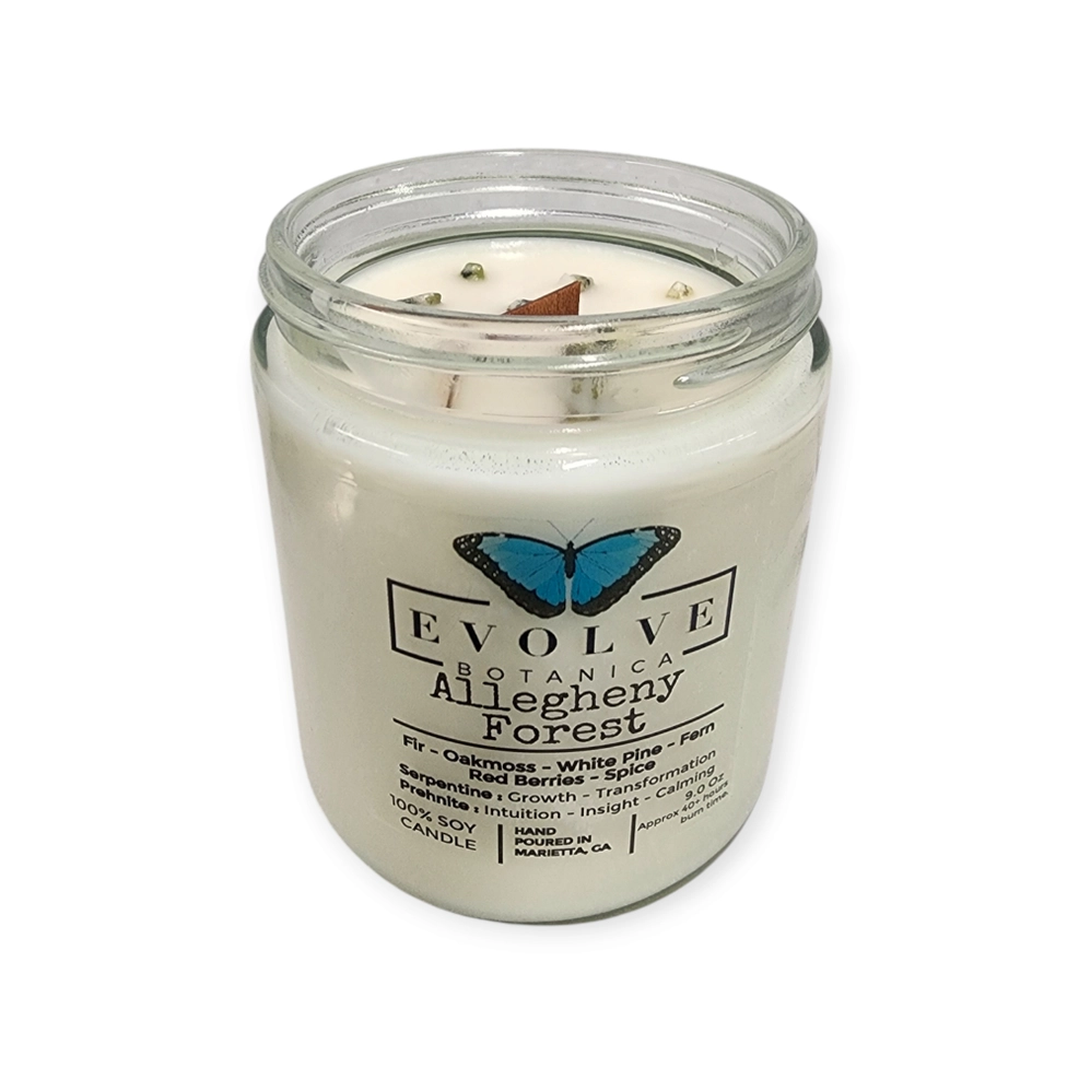 Classic 9oz Jam Jar Crystal Soy Candle - Allegheny Forest (Serpentine &amp; Prehnite)