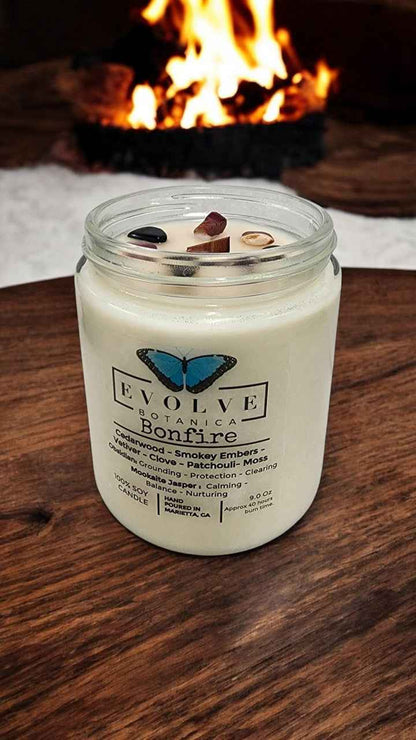 Classic 9oz Jam Jar Crystal Soy Candle - Bonfire (Obsidian &amp; Mookaite)