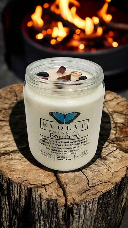 Classic 9oz Jam Jar Crystal Soy Candle - Bonfire (Obsidian &amp; Mookaite)