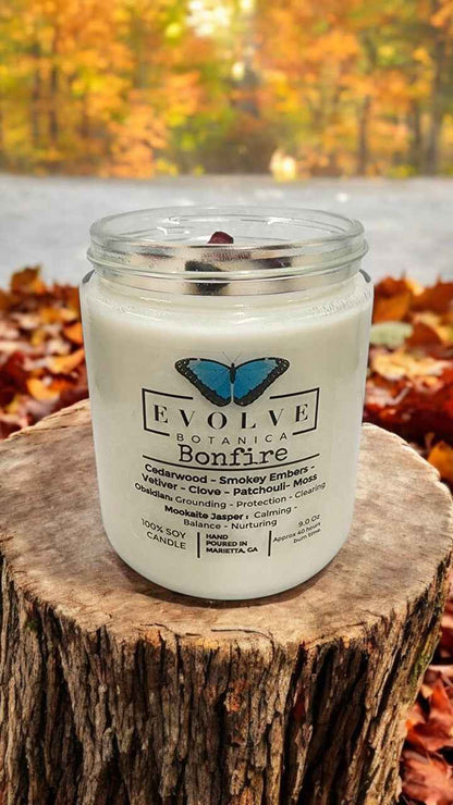 Classic 9oz Jam Jar Crystal Soy Candle - Bonfire (Obsidian &amp; Mookaite)