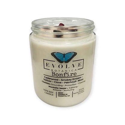 Classic 9oz Jam Jar Crystal Soy Candle - Bonfire (Obsidian &amp; Mookaite)