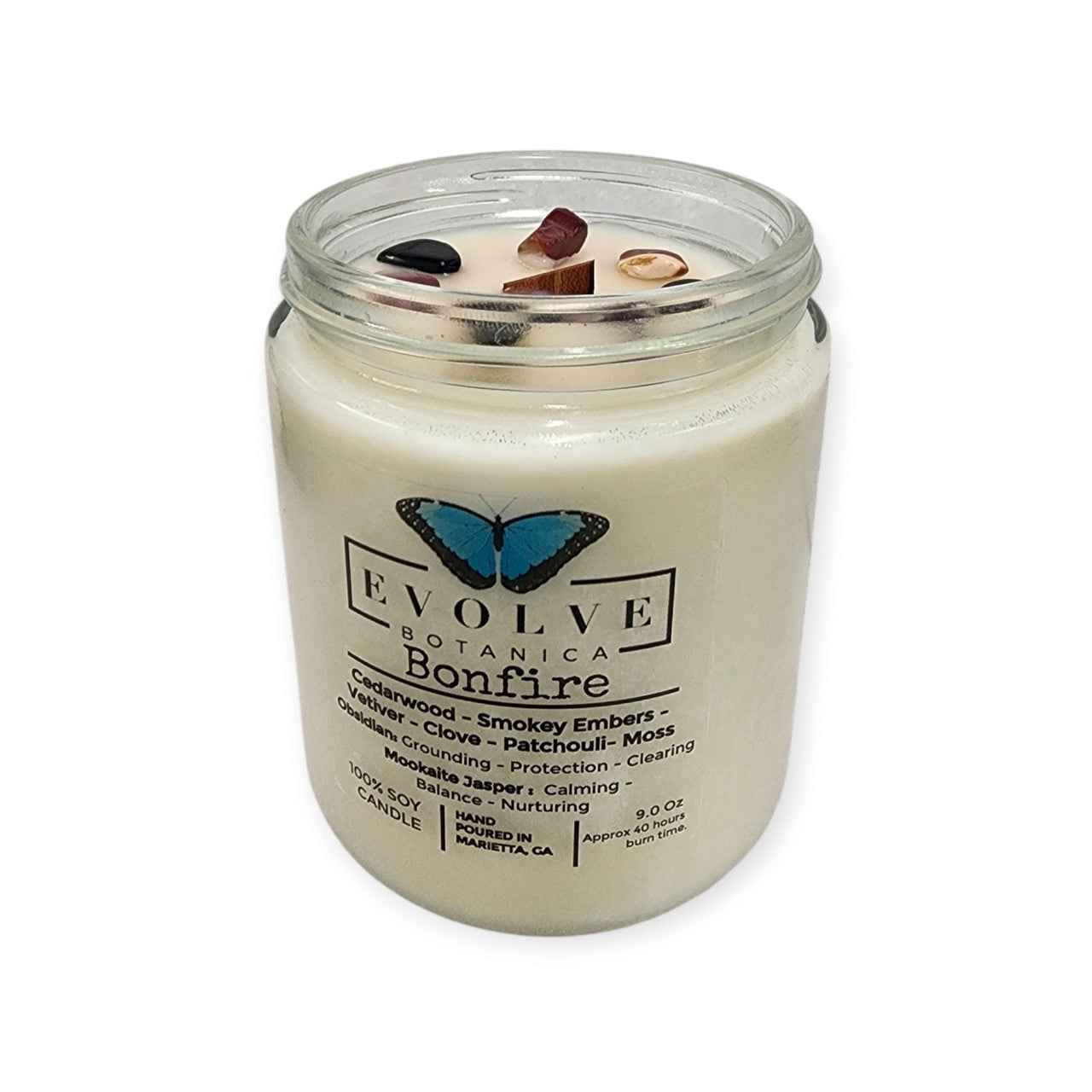 Classic 9oz Jam Jar Crystal Soy Candle - Bonfire (Obsidian &amp; Mookaite)