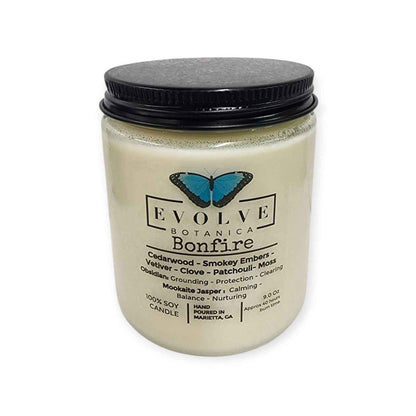 Classic 9oz Jam Jar Crystal Soy Candle - Bonfire (Obsidian &amp; Mookaite)