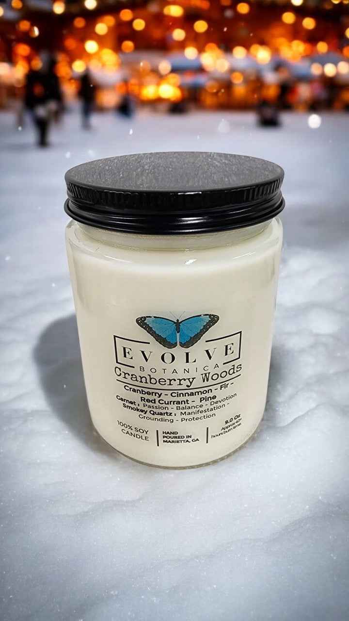 Classic 9oz Jam Jar Crystal Soy Candle - Cranberry Woods (Garnet &amp; Smokey Quartz)