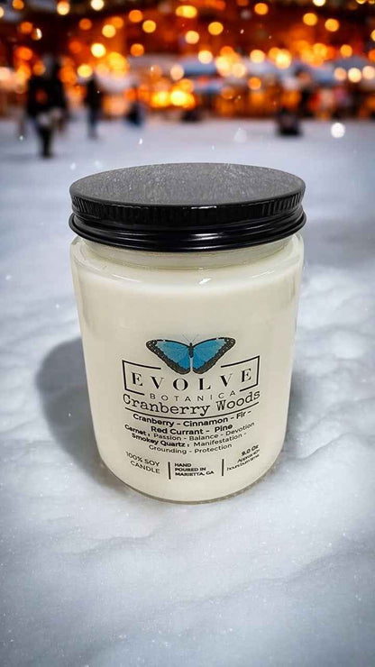 Classic 9oz Jam Jar Crystal Soy Candle - Cranberry Woods (Garnet &amp; Smokey Quartz)