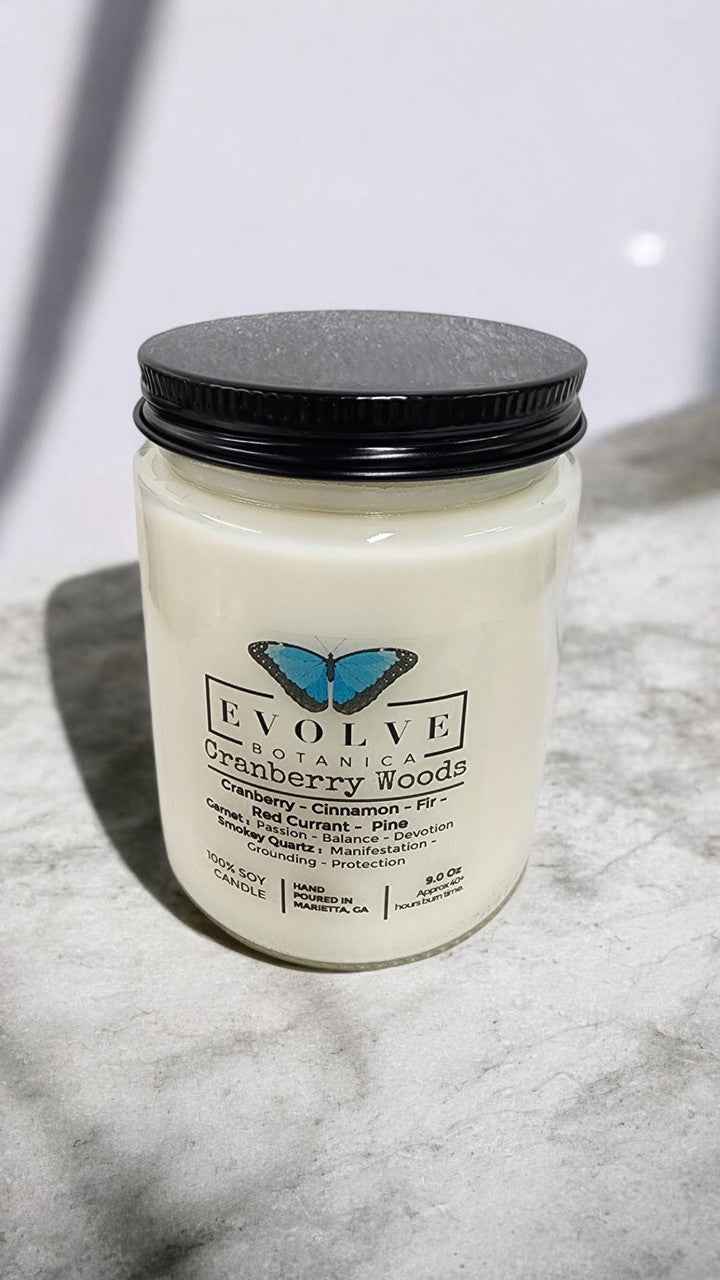Classic 9oz Jam Jar Crystal Soy Candle - Cranberry Woods (Garnet &amp; Smokey Quartz)