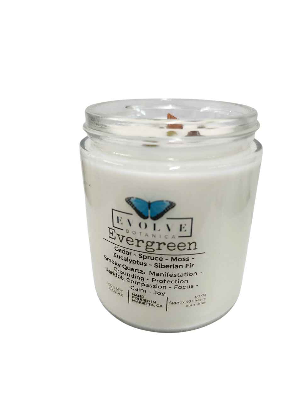 Classic 9oz Jam Jar Crystal Soy Candle - Evergreen (Smoky Quartz &amp; Peridot)