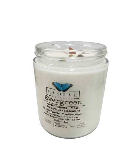 Classic 9oz Jam Jar Crystal Soy Candle - Evergreen (Smoky Quartz &amp; Peridot)