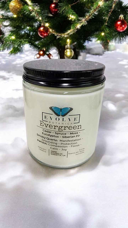 Classic 9oz Jam Jar Crystal Soy Candle - Evergreen (Smoky Quartz &amp; Peridot)