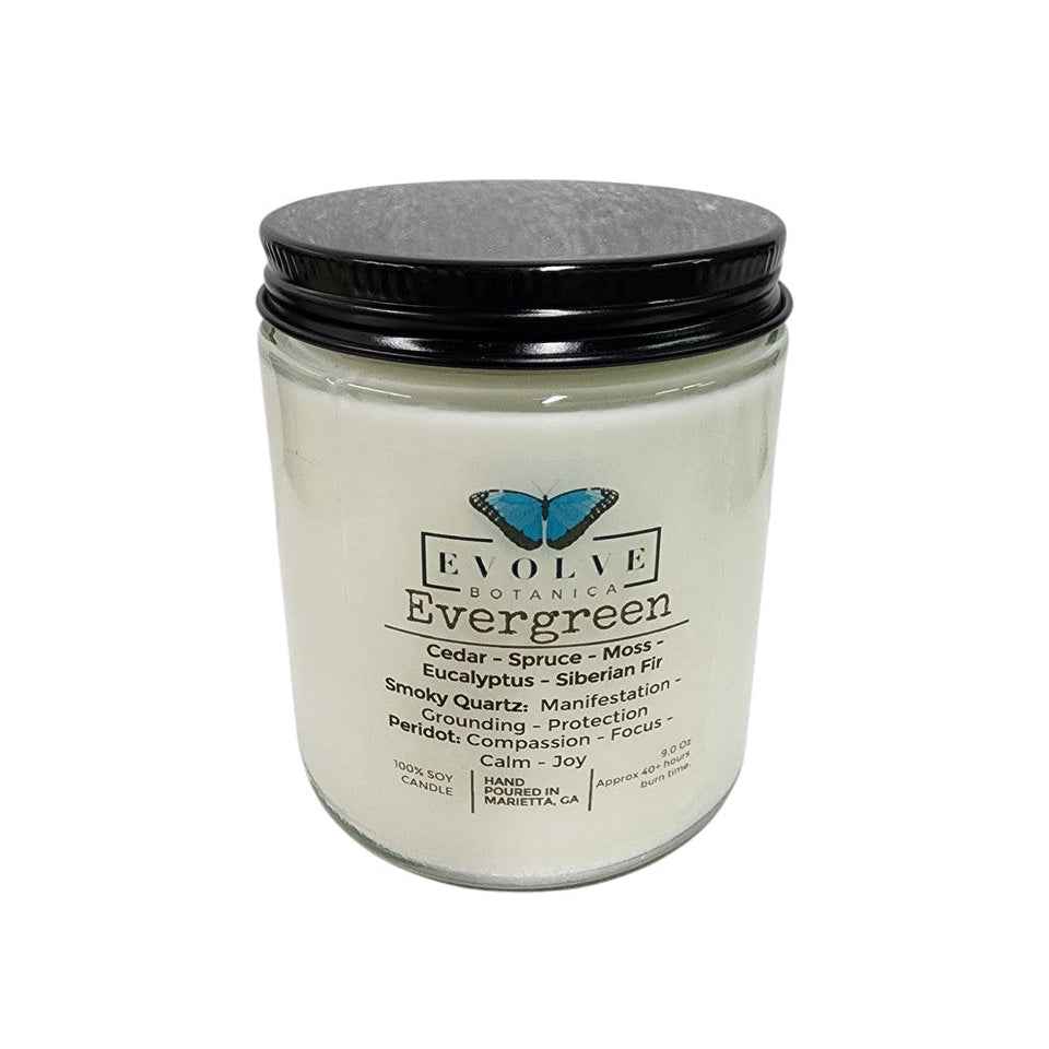 Classic 9oz Jam Jar Crystal Soy Candle - Evergreen (Smoky Quartz &amp; Peridot)