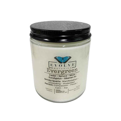 Classic 9oz Jam Jar Crystal Soy Candle - Evergreen (Smoky Quartz &amp; Peridot)