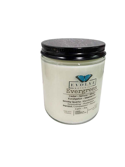 Classic 9oz Jam Jar Crystal Soy Candle - Evergreen (Smoky Quartz &amp; Peridot)