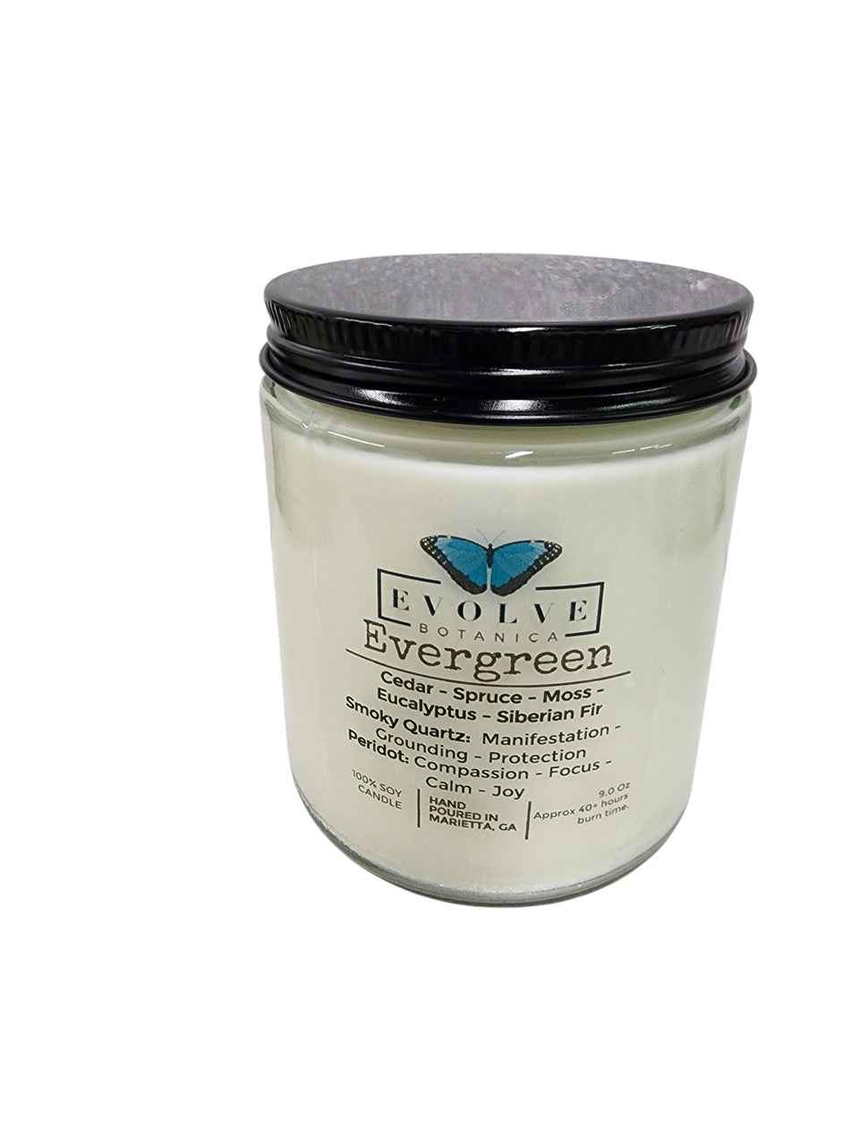 Classic 9oz Jam Jar Crystal Soy Candle - Evergreen (Smoky Quartz &amp; Peridot)