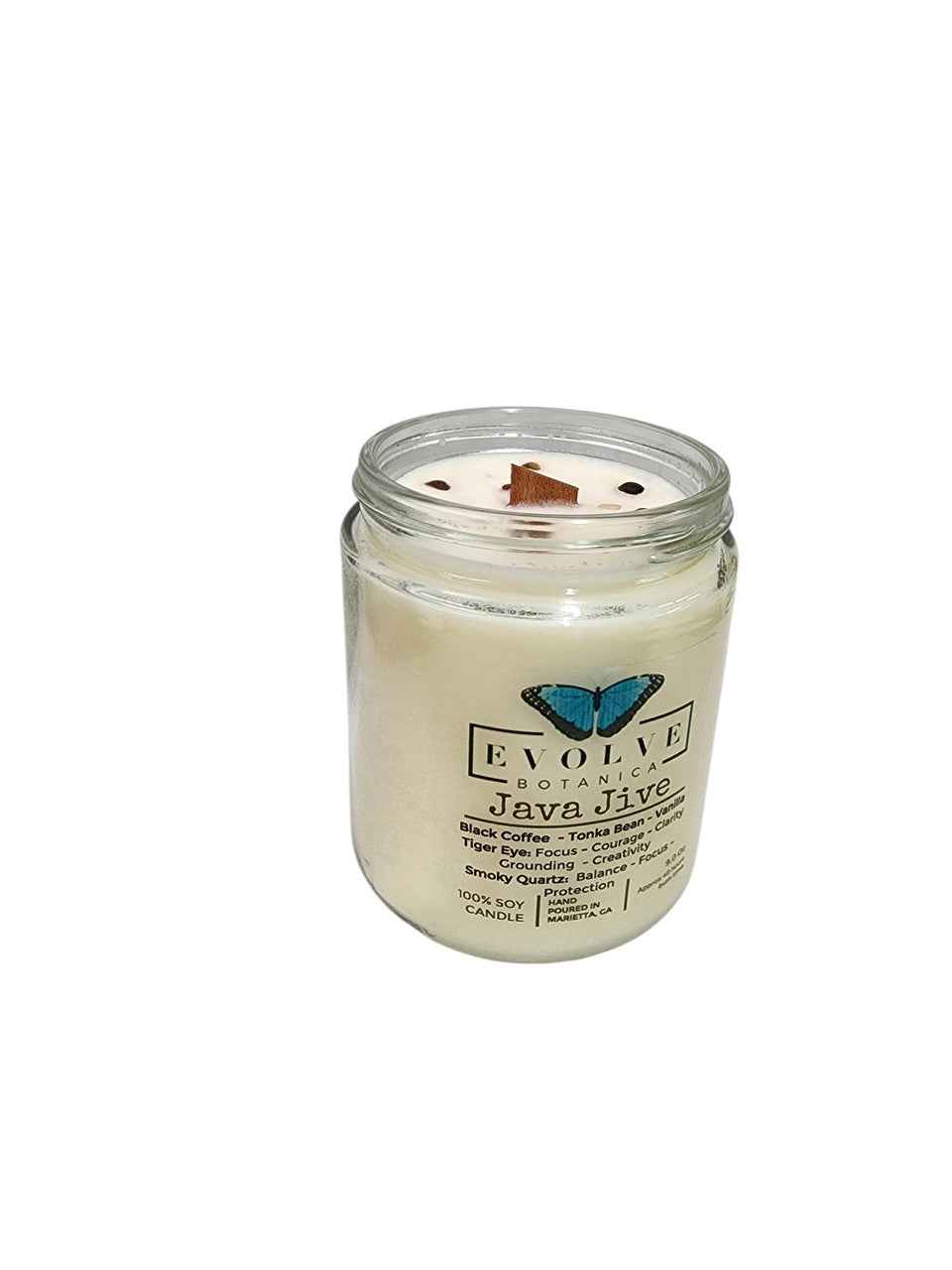 Classic 9oz Jam Jar Crystal Soy Candle - Java Jive (Tiger Eye &amp; Smoky Quartz)