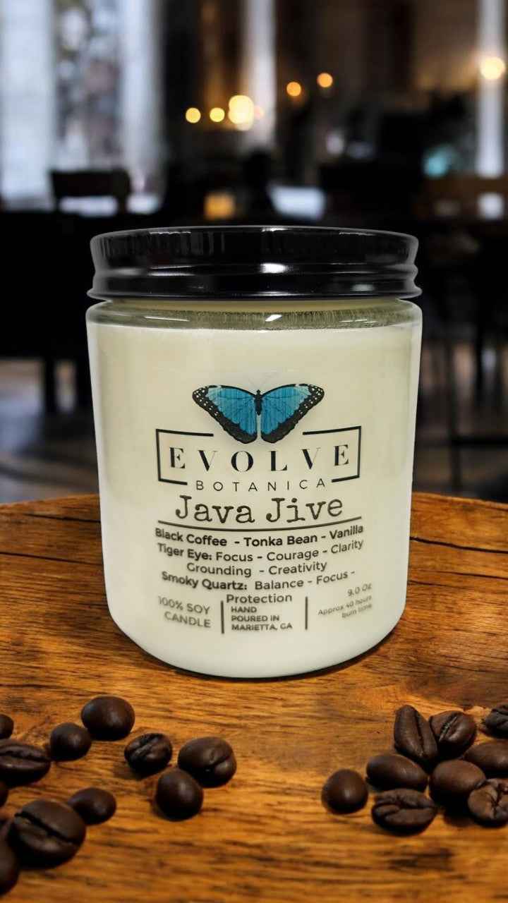 Classic 9oz Jam Jar Crystal Soy Candle - Java Jive (Tiger Eye &amp; Smoky Quartz)