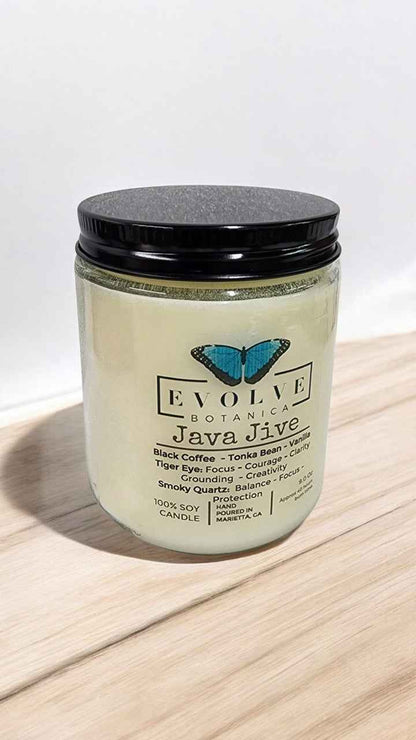 Classic 9oz Jam Jar Crystal Soy Candle - Java Jive (Tiger Eye &amp; Smoky Quartz)