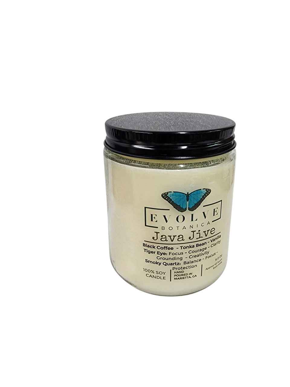 Classic 9oz Jam Jar Crystal Soy Candle - Java Jive (Tiger Eye &amp; Smoky Quartz)