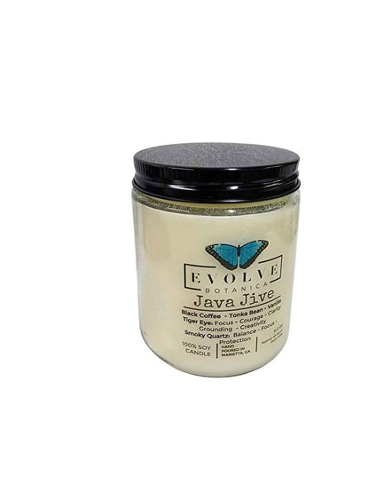 Classic 9oz Jam Jar Crystal Soy Candle - Java Jive (Tiger Eye &amp; Smoky Quartz)