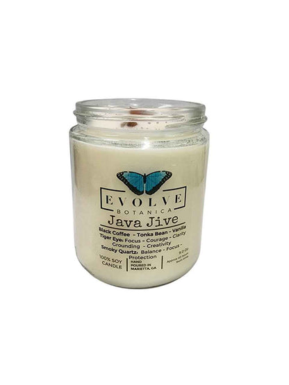 Classic 9oz Jam Jar Crystal Soy Candle - Java Jive (Tiger Eye &amp; Smoky Quartz)