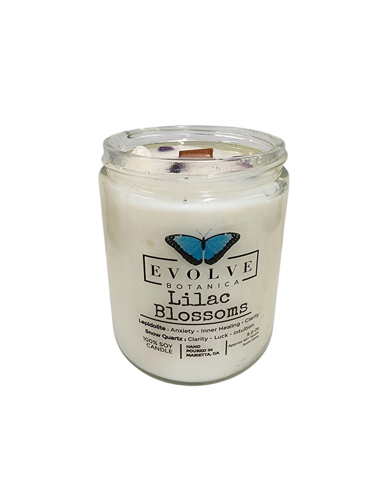 Classic 9oz Jam Jar Crystal Soy Candle - Lilac Blossoms (Lepidolite)