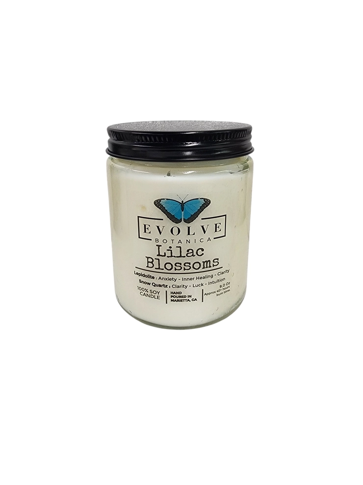 Classic 9oz Jam Jar Crystal Soy Candle - Lilac Blossoms (Lepidolite)