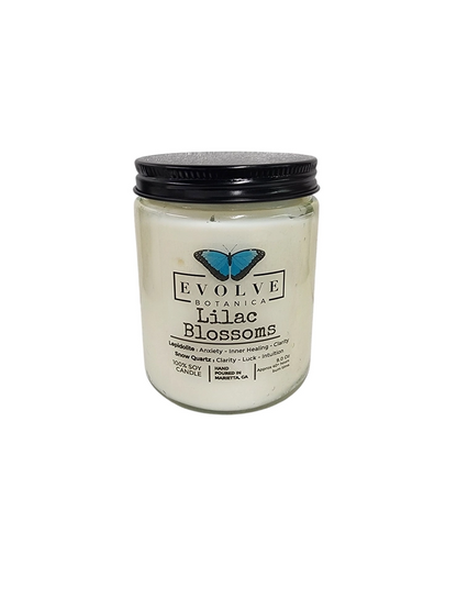 Classic 9oz Jam Jar Crystal Soy Candle - Lilac Blossoms (Lepidolite)