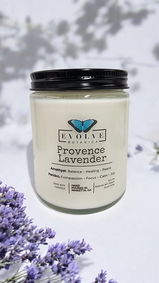 Classic 9oz Jam Jar Crystal Soy Candle - Provence Lavender (Amethyst &amp; Peridot)