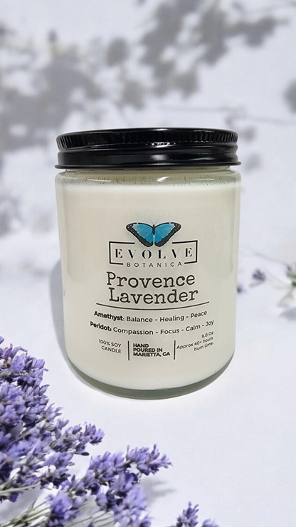 Classic 9oz Jam Jar Crystal Soy Candle - Provence Lavender (Amethyst &amp; Peridot)