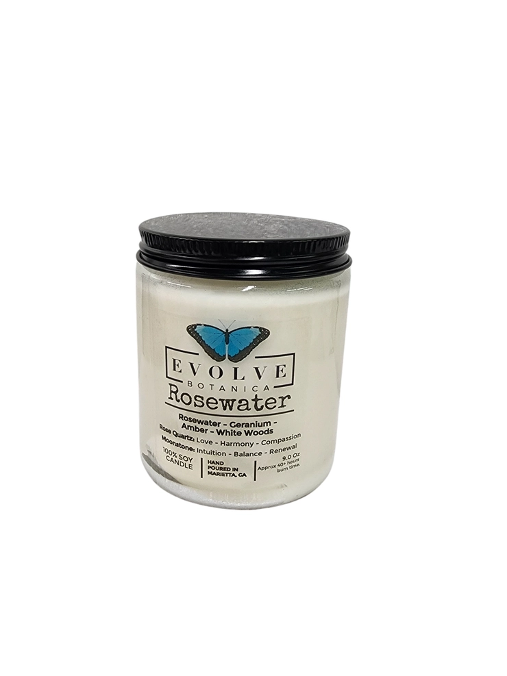 Classic 9oz Jam Jar Crystal Soy Candle - Rosewater (Rose Quartz &amp; Moonstone)