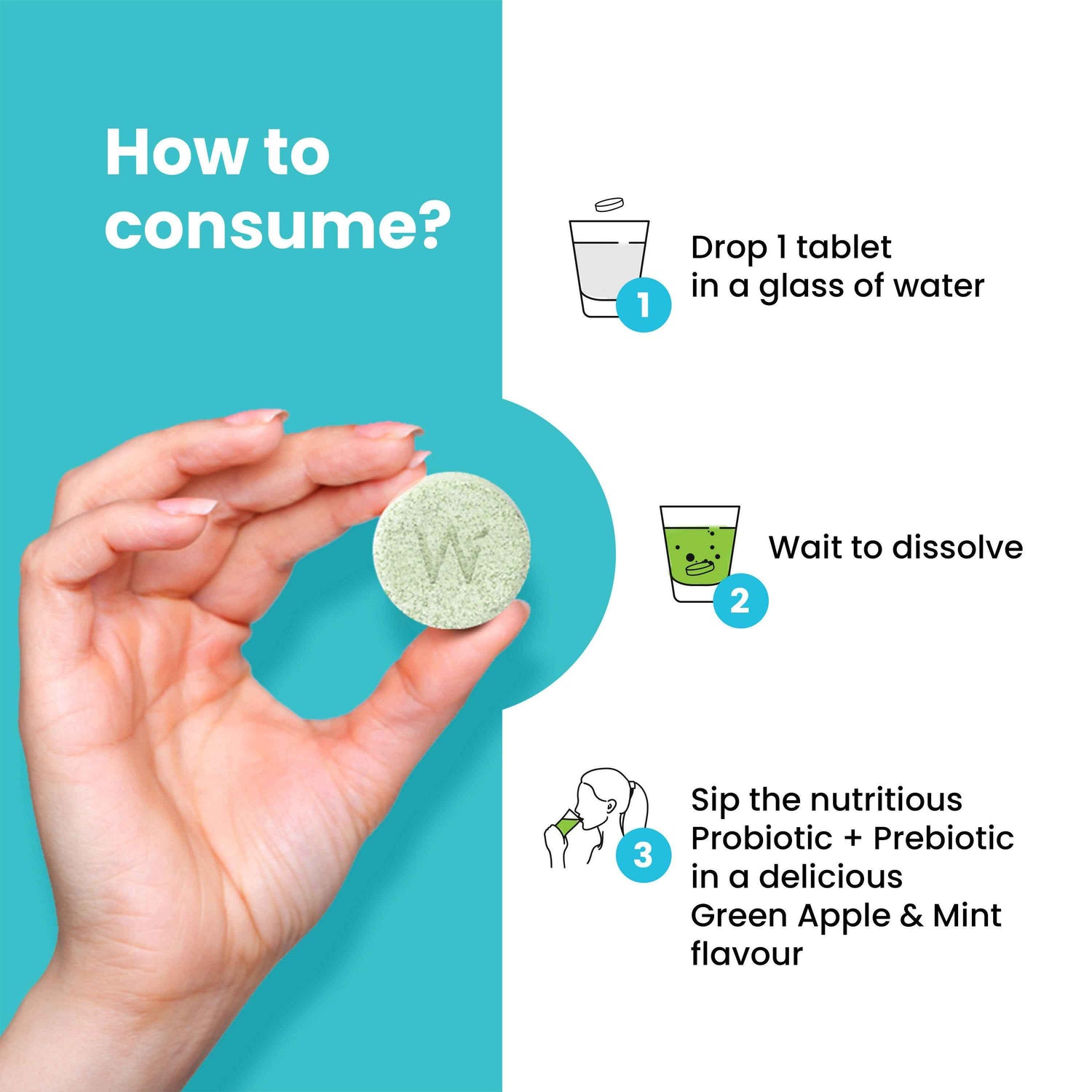 Wellbeing Nutrition Probiotic + Prebiotic Effervescent Tablets-Green Apple &amp; Mint Flavor