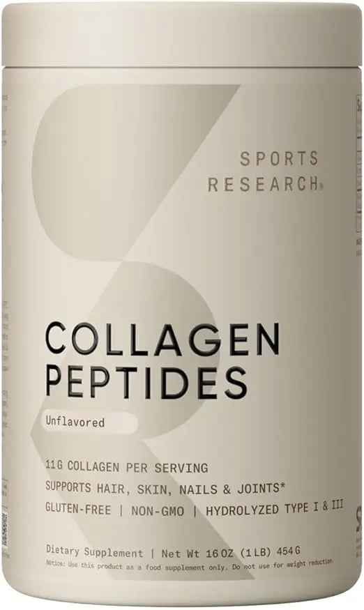 Sports Research Collagen Peptides for Women &amp; Men, Unflavored, 16 oz., Hydrolyzed Type 1 &amp; 3 Collagen Powder Protein Supplement for Healthy Skin, Nails, Bones &amp; Joints