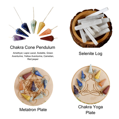 Seven Chakra Crystal Pendulum with Wooden Grid Plate, Selenite Log  DestGlow