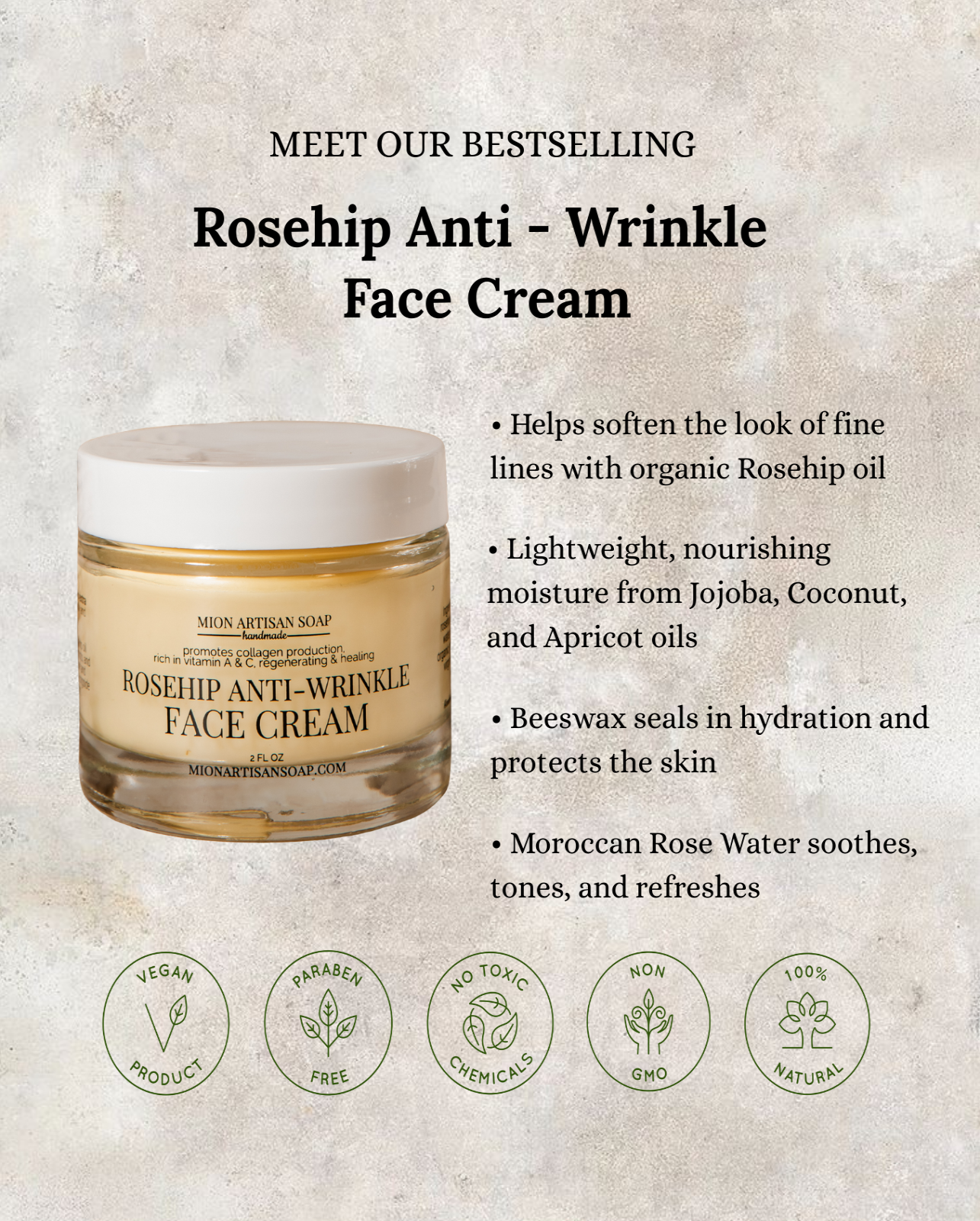 Rosehip Anti-Wrinkle Face Cream | Light Texture | Rich in Vitamins A &amp; C by MION Artisan Soap Co.