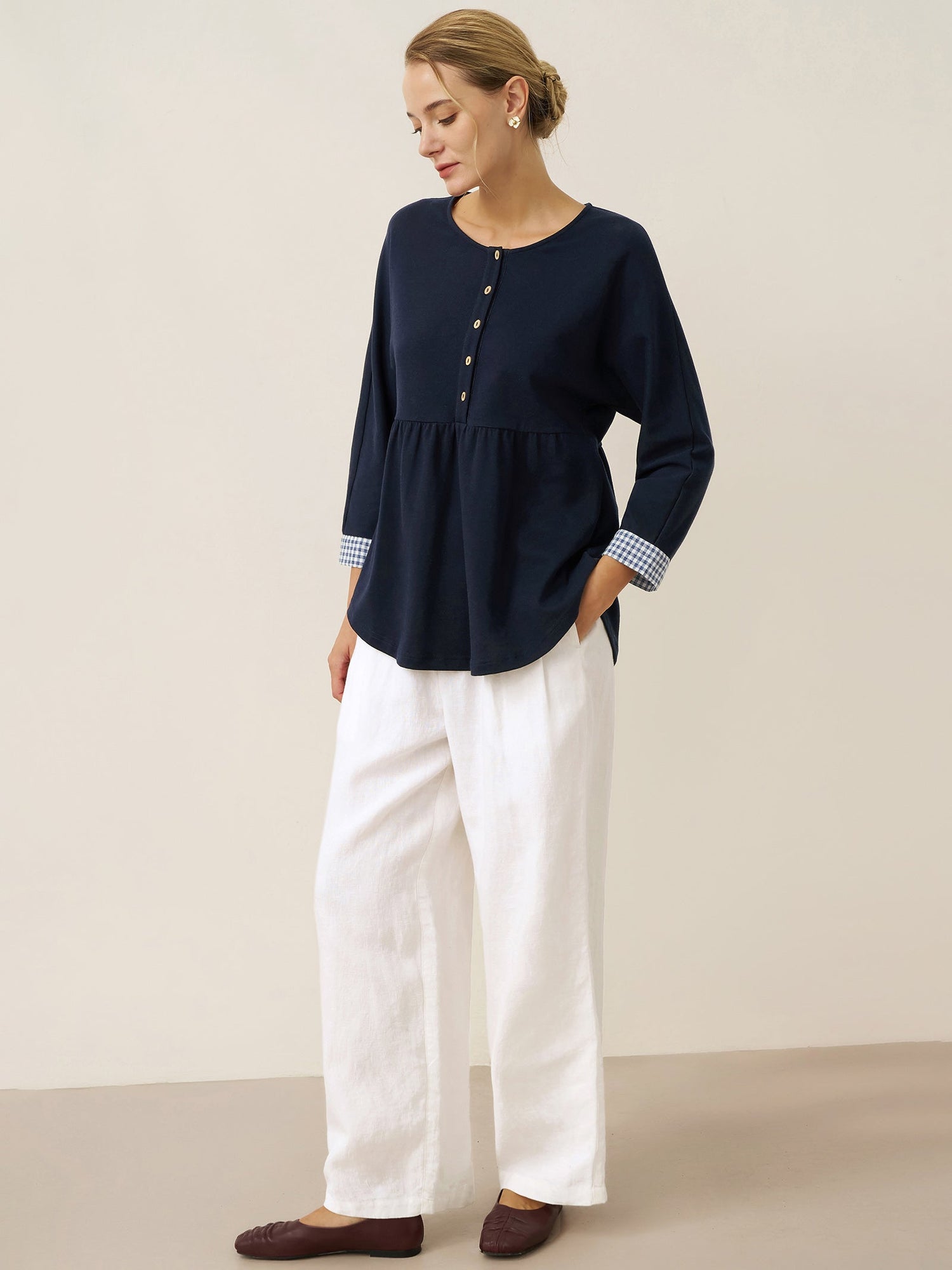 Organic Cotton Patchwork Cuff Button Decor Top AUDREY  DestGlow