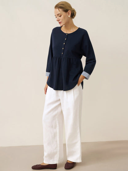 Organic Cotton Patchwork Cuff Button Decor Top AUDREY  DestGlow