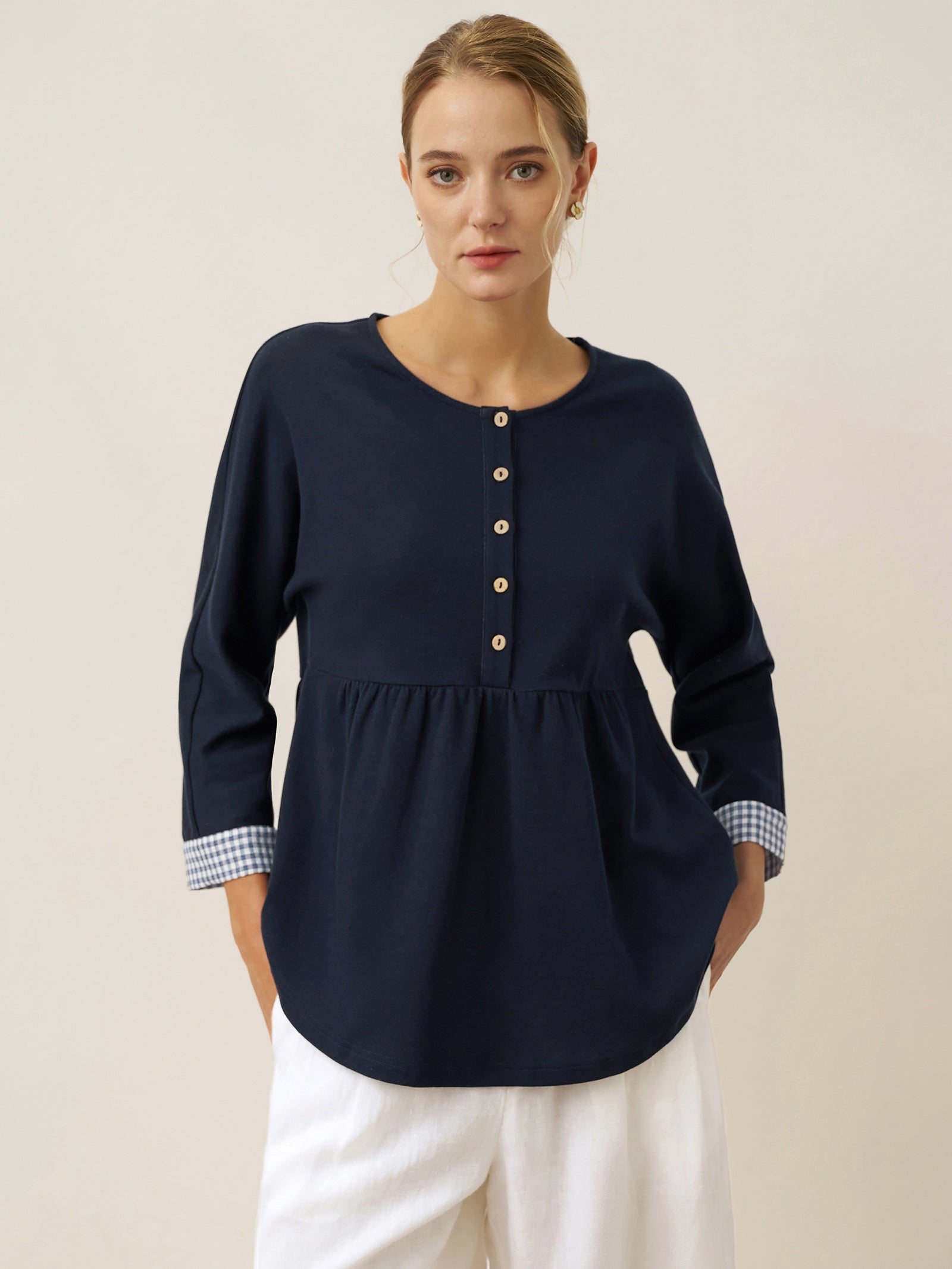 Organic Cotton Patchwork Cuff Button Decor Top AUDREY  DestGlow