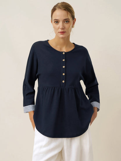 Organic Cotton Patchwork Cuff Button Decor Top AUDREY  DestGlow