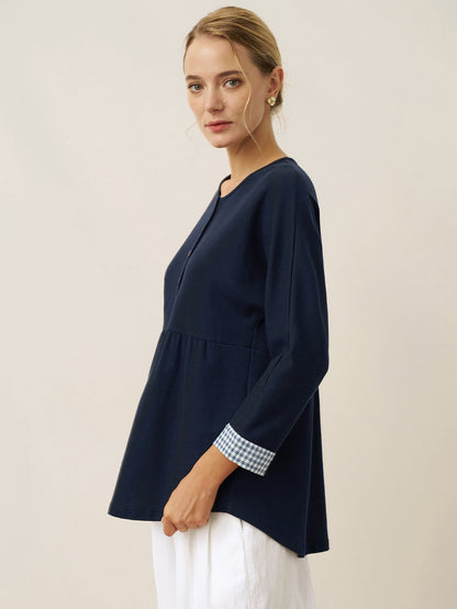 Organic Cotton Patchwork Cuff Button Decor Top AUDREY  DestGlow