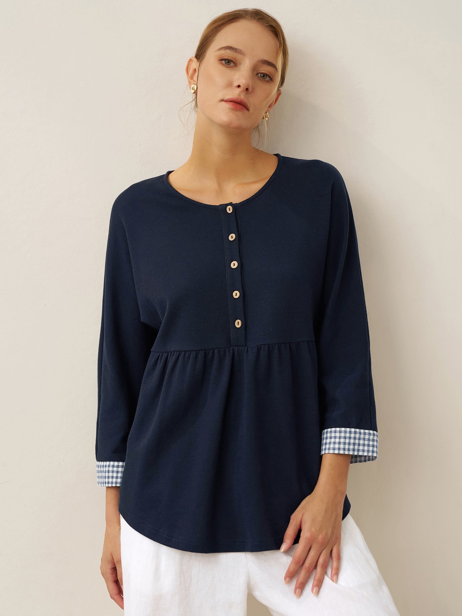 Organic Cotton Patchwork Cuff Button Decor Top AUDREY  DestGlow