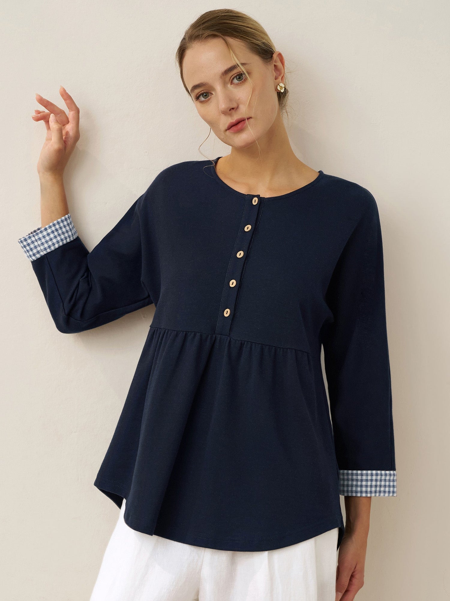 Organic Cotton Patchwork Cuff Button Decor Top AUDREY  DestGlow