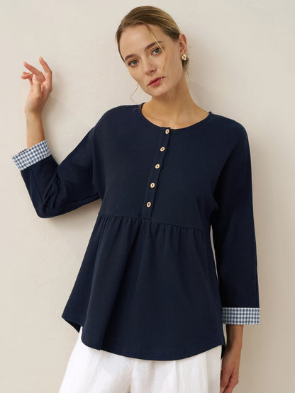 Organic Cotton Patchwork Cuff Button Decor Top AUDREY  DestGlow
