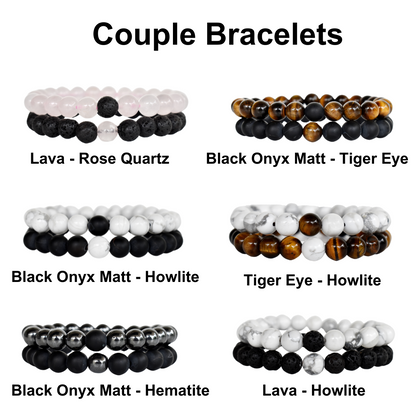 Tiger Eye Black Onyx Matt Couple Bracelets, Anniversary Gift (Focus and Creativity)  DestGlow